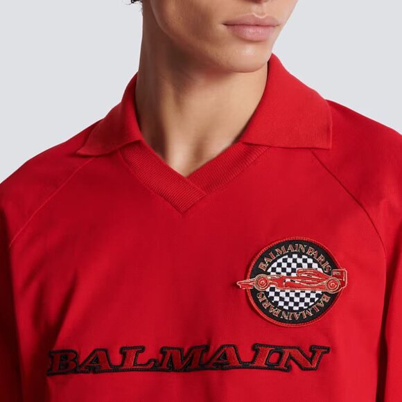 Balmain Men's Relaxed Fit Collared V Neck Red Racing Patch Polo Shirt Size 2XL - Picture 15 of 15